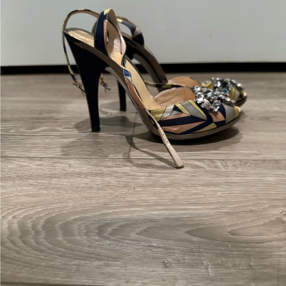 Emilio Pucci Blue and Yellow Heels with Gem Accents